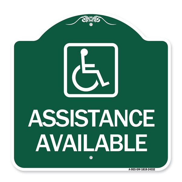 Assistance Available W/ Handicap, Green & White Aluminum Sign, 18" x 18", GW-1818-24332